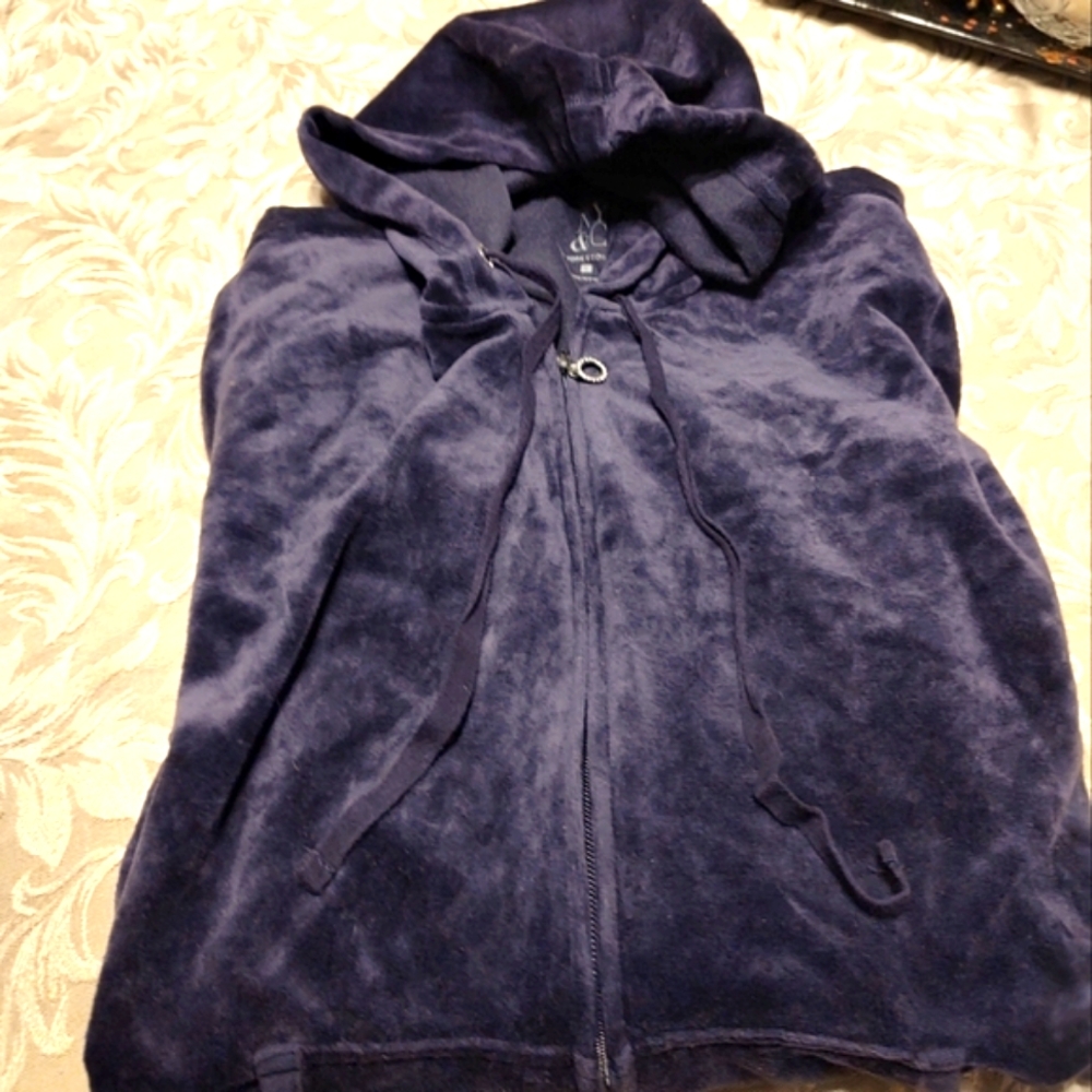 💜🍇💜 Awesome Cozy Rhinestone Deep Grape Purple Velvet Velour Hoodie Jacket - L - Picture 4 of 14